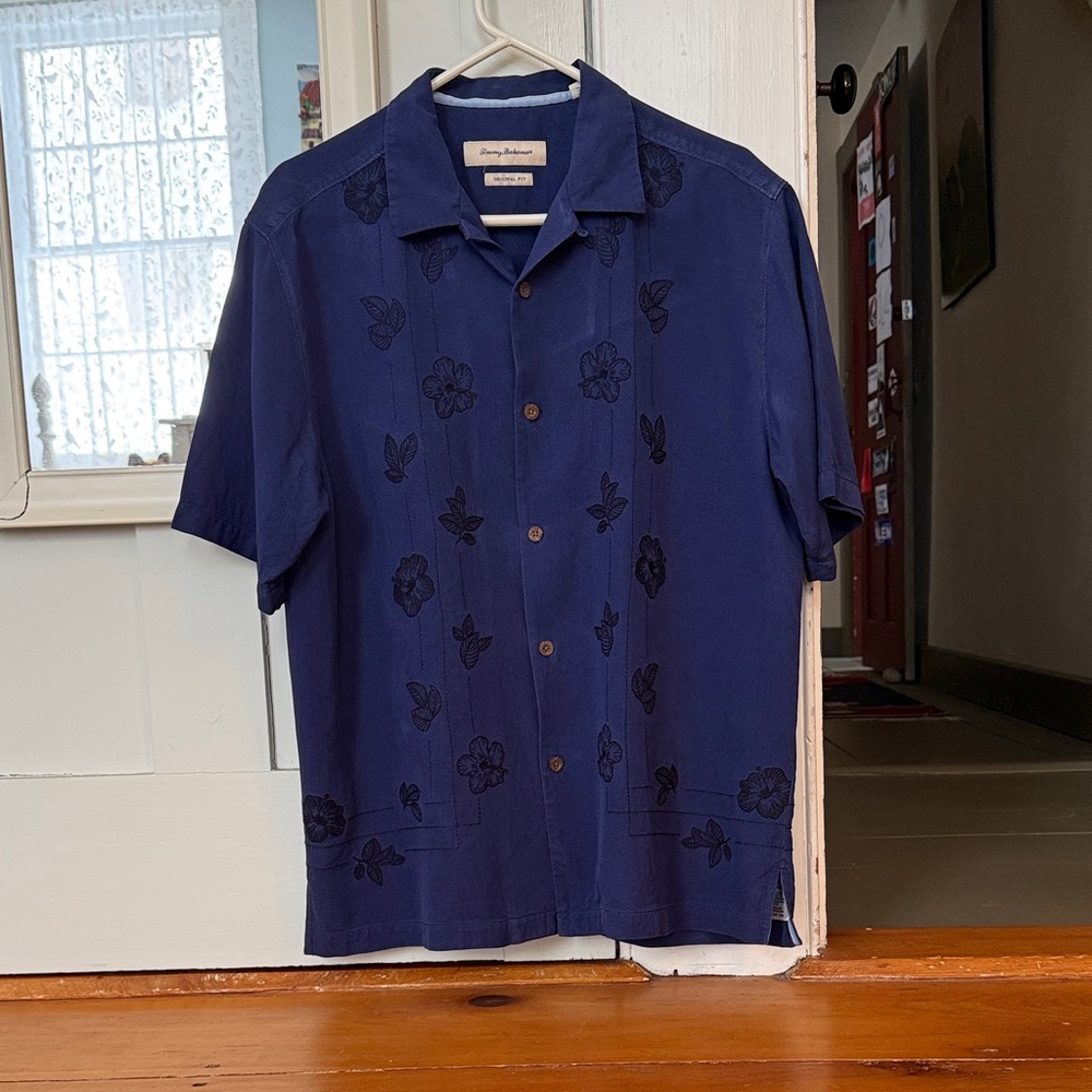 Tommy Bahama Blue Casual Raw Silk Button Down Shirt, vintage - Picture 3 of 6